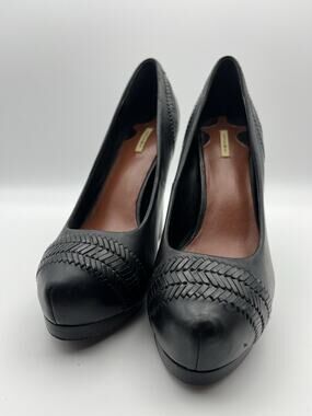 Maxstudio Black Leather Platform Pumps Woven Detail Chunky Heels Size 8.5M